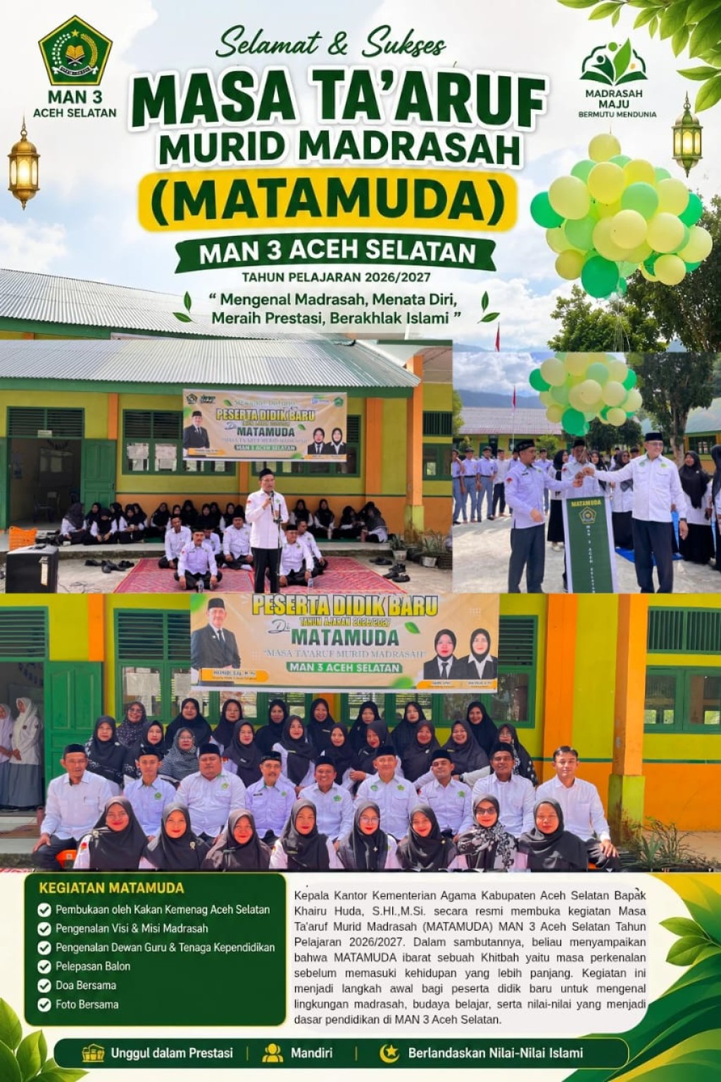 Kakan Kemenag Aceh Selatan Resmi Buka MATAMUDA MAN 3 Aceh Selatan Tahun Pelajaran 2026/2027